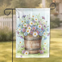 Welcome Wooden Bucket Daisy Bouquet - Home Decor Gift for Garden Lover Garden Flag