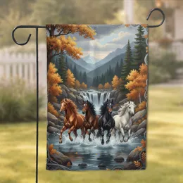 Four Horses River Valley Autumn Trees - Wildlife Lover Home Decor Gift Garden Flag