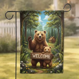 Friendly Bears Welcome Sign Forest Scene - Home Decor Gift for Bear Lover Garden Flag