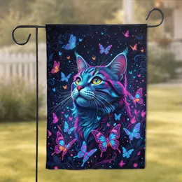 Luminous Neon Cat Head Butterflies Glowing Flora - Mystical Home Decor Gift for Cat Lover Garden Flag
