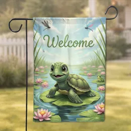 Smiling Green Baby Turtle Welcome Pond - Home Decor Gift for Turtle Lover Garden Flag