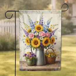 Yellow Sunflower Pink Rose Bouquet Galvanized Pitcher - Farmhouse Gift for Flower Lover Garden Flag