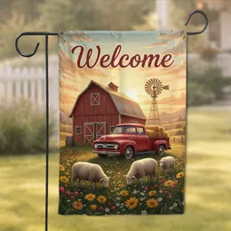 Welcome Barn Truck Sheep Wildflower Meadow Sunset - Farmhouse Home Decor Gift Garden Flag