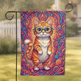 Anthropomorphic Ginger Cat Round Glasses Abstract Swirling Shapes - Home Decor Gift for Cat Lovers Garden Flag