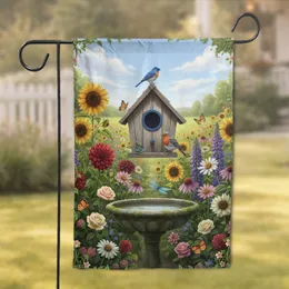 Birdhouse Birdbath Bluebird Robin Garden Flowers - Home Decor Gift for Garden Lover Garden Flag