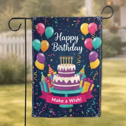 Tiered Birthday Cake Gifts Balloons Party Hats Happy Birthday Celebration Decor Garden Flag