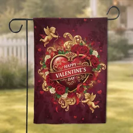 Crimson Gold Ornate Heart Emblem Roses Cupid - Valentine's Day Home Decor Gift Garden Flag