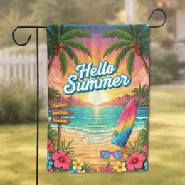 Hello Summer Beach Life Tropical Sunset Palm Trees - Summer Vacation Home Decor Garden Flag