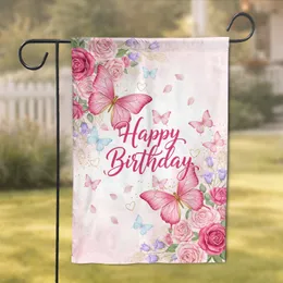 Happy Birthday Pink Butterflies Roses Wildflowers Golden Accents - Birthday Celebration Gift Garden Flag