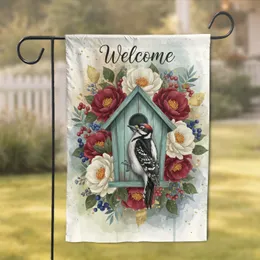 Hairy Woodpecker Welcome Birdhouse Floral - Wildlife Lover Home Decor Gift Garden Flag