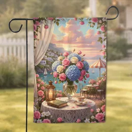 Coastal Sunset Rose Bouquet Cafe Scene - Relaxation Home Decor Gift Garden Flag