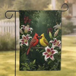 Cardinal Pair Oriental Lilies Botanical Garden - Wildlife Home Decor Gift Garden Flag