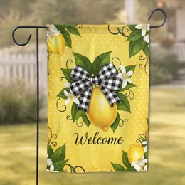 Vibrant Yellow Welcome Lemon Buffalo Check Bow Green Leaf Summer Home Decor Garden Flag