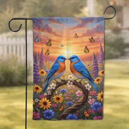Eastern Bluebirds Wildflowers Sunset Sky - Wildlife Lover Gift for Bird Watchers Garden Flag