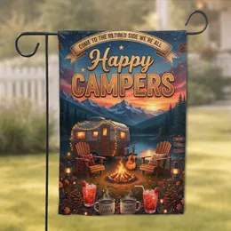 Happy Campers Vintage Trailer Lake Twilight Campfire - Camping Lifestyle Gift Garden Flag