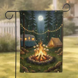 Campfire Marshmallow Tent Scene - Moonlit Forest Night Camping Decor Gift Garden Flag