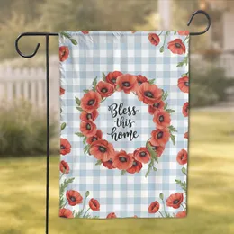 Red Poppy Wreath 'Bless This Home' Gingham Checkered - Housewarming Decor Gift Garden Flag