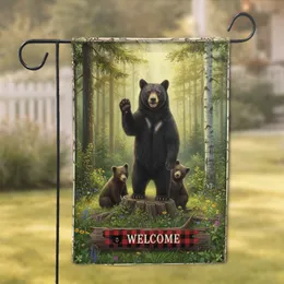 Black Bear Cubs Welcome Sign Buffalo Plaid Log - Wildlife Lover Home Decor Gift Garden Flag