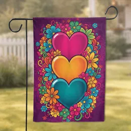 Magenta Orange Teal Hearts Swirling Floral Blooms Purple Background - Home Decor Gift Garden Flag