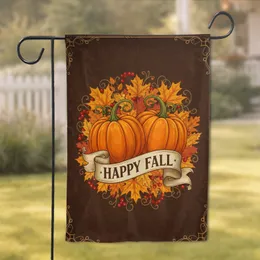 Espresso Brown Background Orange Pumpkins Happy Fall Banner Fall Leaves - Fall Decor Garden Flag