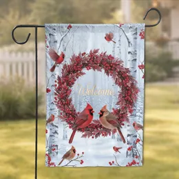 Welcome Cardinal Wreath Winter Forest - Winter Home Decor Gift for Bird Lovers Garden Flag