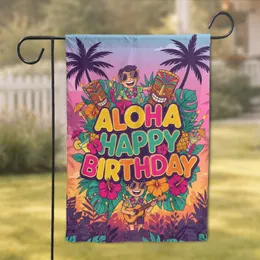 Aloha Happy Birthday Tropical Sunset Hibiscus Palm Tiki Mask - Birthday Celebration Gift Garden Flag