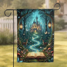 Ancient Book Fantasy Castle Deer Wildflowers - Home Decor Gift for Fantasy Lover Garden Flag