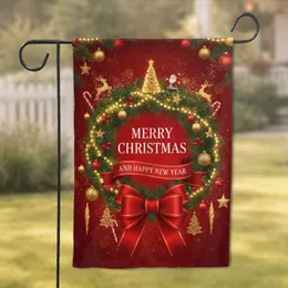 MERRY CHRISTMAS AND HAPPY NEW YEAR Wreath Golden Baubles - Holiday Celebration Decor Garden Flag