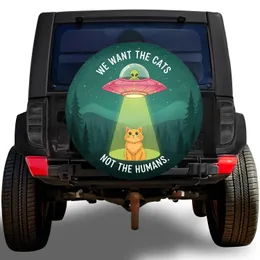 Pink Flying Saucer Alien Cat Abduction 'WE WANT THE CATS' - UFO Fan Gift Spare Tire Cover