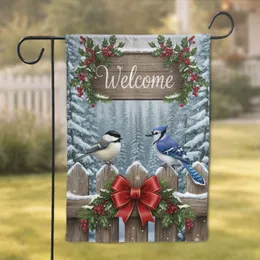 Winter Welcome Sign Chickadee Blue Jay Holly Berries - Welcome Home Decor Gift Garden Flag