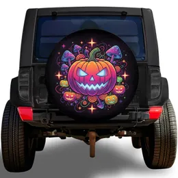 Spooky Jack-o'-lantern Mushrooms Swirling Stars Cosmic Dust - Halloween Auto Gift Spare Tire Cover