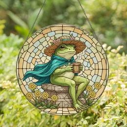 Frog Straw Sun Hat Cape Wooden Mug Stone Pedestal - Home Decor Gift for Frog Lover Stained Glass Suncatcher