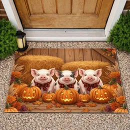 Baby Pigs Plaid Bow Jack-o'-Lanterns - Halloween Farmhouse Decor Doormat