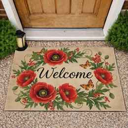 Welcome Script Poppies Butterflies Botanical - Entryway Home Decor Gift Doormat
