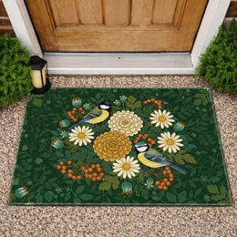 Stylized Birds Chrysanthemum Daisy Autumn Berries - Autumn Home Decor Gift for Bird Lover Doormat