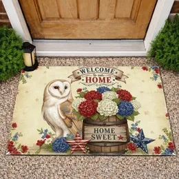 Barn Owl Barrel Hydrangea Patriotic Stars - Farmhouse Home Decor Gift Doormat