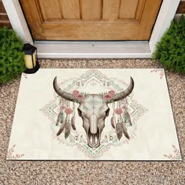 Bull Skull Dusty Rose Floral Feathers - Boho Home Decor Gift Doormat