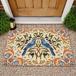 Blue Birds Olive Branch Berries Wildflowers Flora Border - Home Decor Gift for Wildlife Lover Doormat