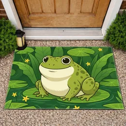 Friendly Green Cartoon Frog Lily Pad Wildflower Pond - Wildlife Garden Home Decor Gift Doormat