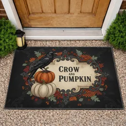 Black Crow Pumpkin Text Cartouche Autumn Flowers - Rustic Farmhouse Home Decor Gift Doormat