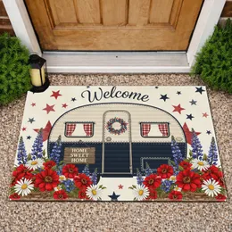 Vintage Camper Welcome Patriotic Flowers - Farmhouse Home Decor Doormat