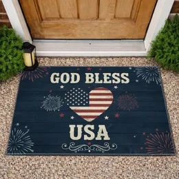 God Bless USA American Flag Heart - Independence Day Gift for Veterans Doormat