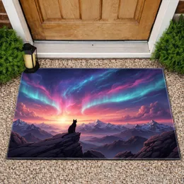 Black Cat Mountain Cosmic Sky Aurora - Home Decor Gift for Cat Lover Doormat