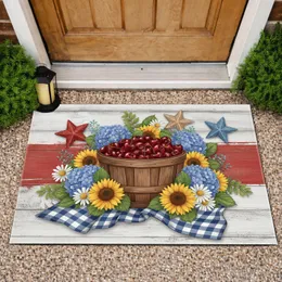 Cherry Bushel Basket Hydrangea Sunflowers Americana Stars - Patriotic Farmhouse Decor Doormat