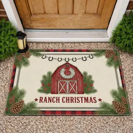 Rustic Red Barn Wreath Ranch Christmas - Farmhouse Holiday Decor Doormat