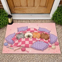 Five Sleepy Cartoon Kittens Pink Blanket Purple Pillows Hearts Stars - Home Decor Gift for Cat Lover Doormat