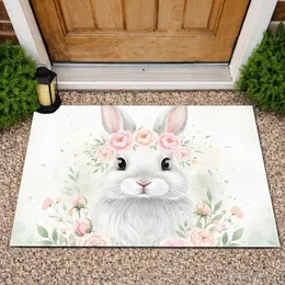 Fluffy Baby Bunny Face Delicate Floral Wreath - Home Decor Gift for Bunny Lovers Doormat