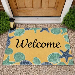 Welcome Teal Blue Seashell Starfish Sun Drenched Beach Sand Home Entryway Decor Gift Doormat