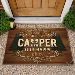 Camper Happy Place Travel Trailer Evergreen Wood - Camping Lifestyle Gift for RV Owners Doormat