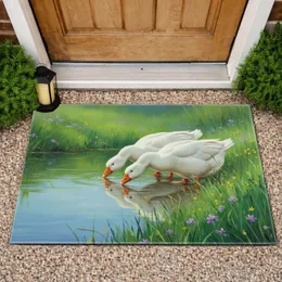 Two White Geese Water Grass Wildflower - Wildlife Lover Home Decor Gift for Bird Watcher Doormat